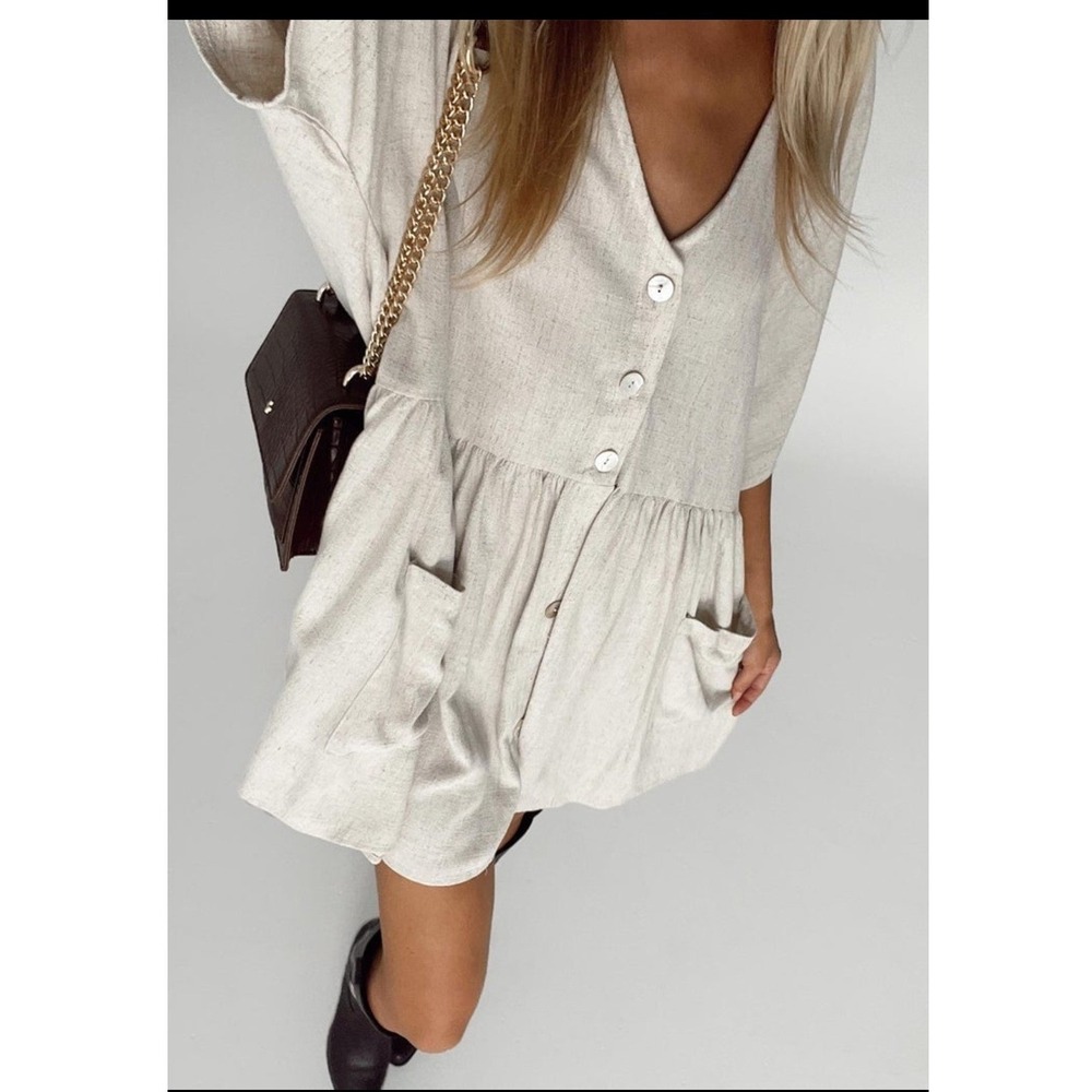 Princess Polly Oversized Beige Babydoll Dress Linen-look Lagenlook Preppy Cotton